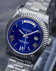Blue Roman dial day date watch with silver band