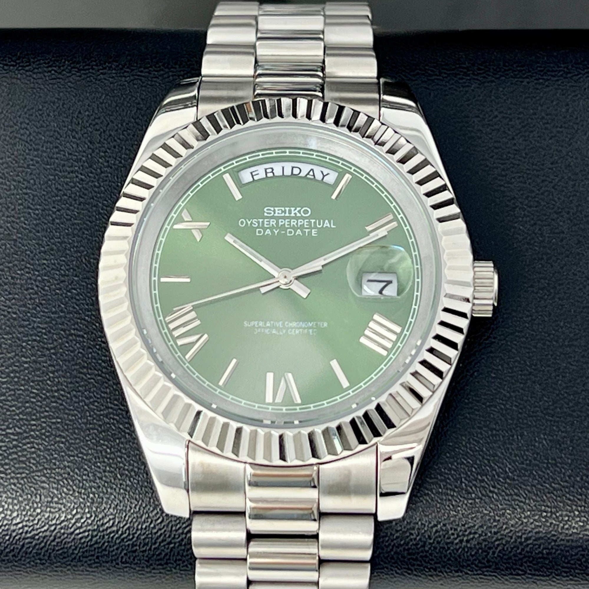 Custom Miyota Day Date Mod | Fluted Bezel | Green Dial | Pres Bracelet | Date | Miyota 8285 | Mod