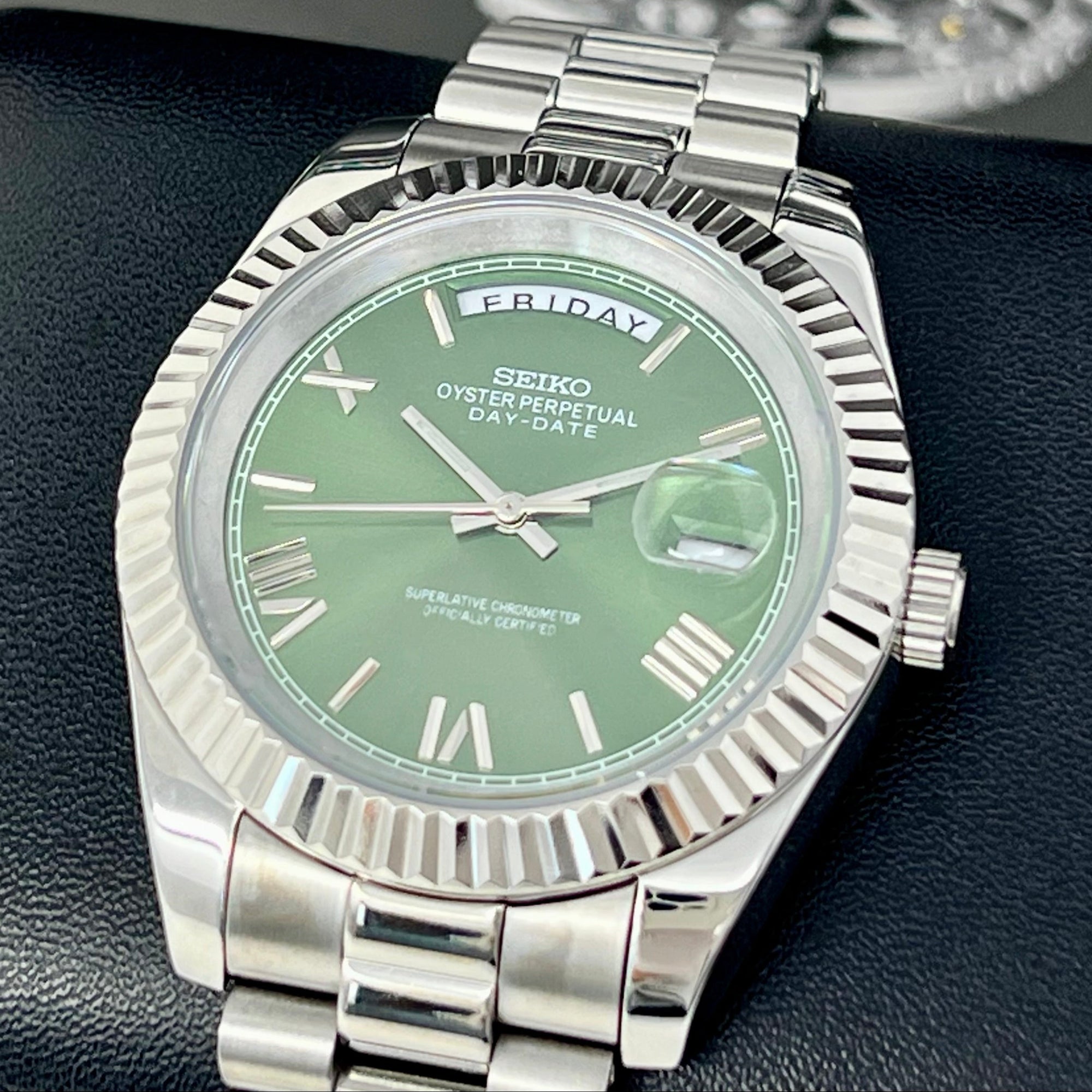 Custom Miyota Day Date Mod | Fluted Bezel | Green Dial | Pres Bracelet | Date | Miyota 8285 | Mod