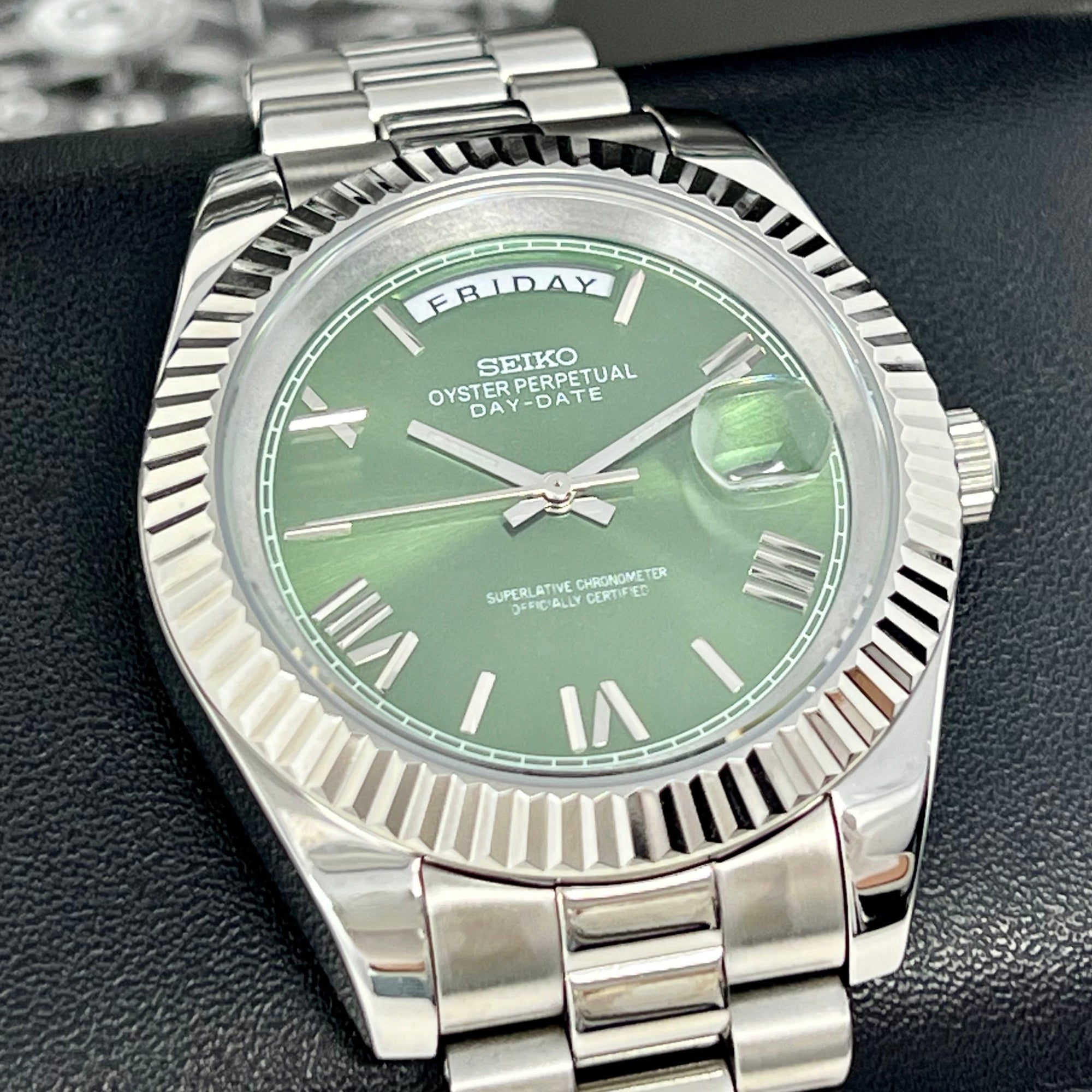 Custom Miyota Day Date Mod | Fluted Bezel | Green Dial | Pres Bracelet | Date | Miyota 8285 | Mod