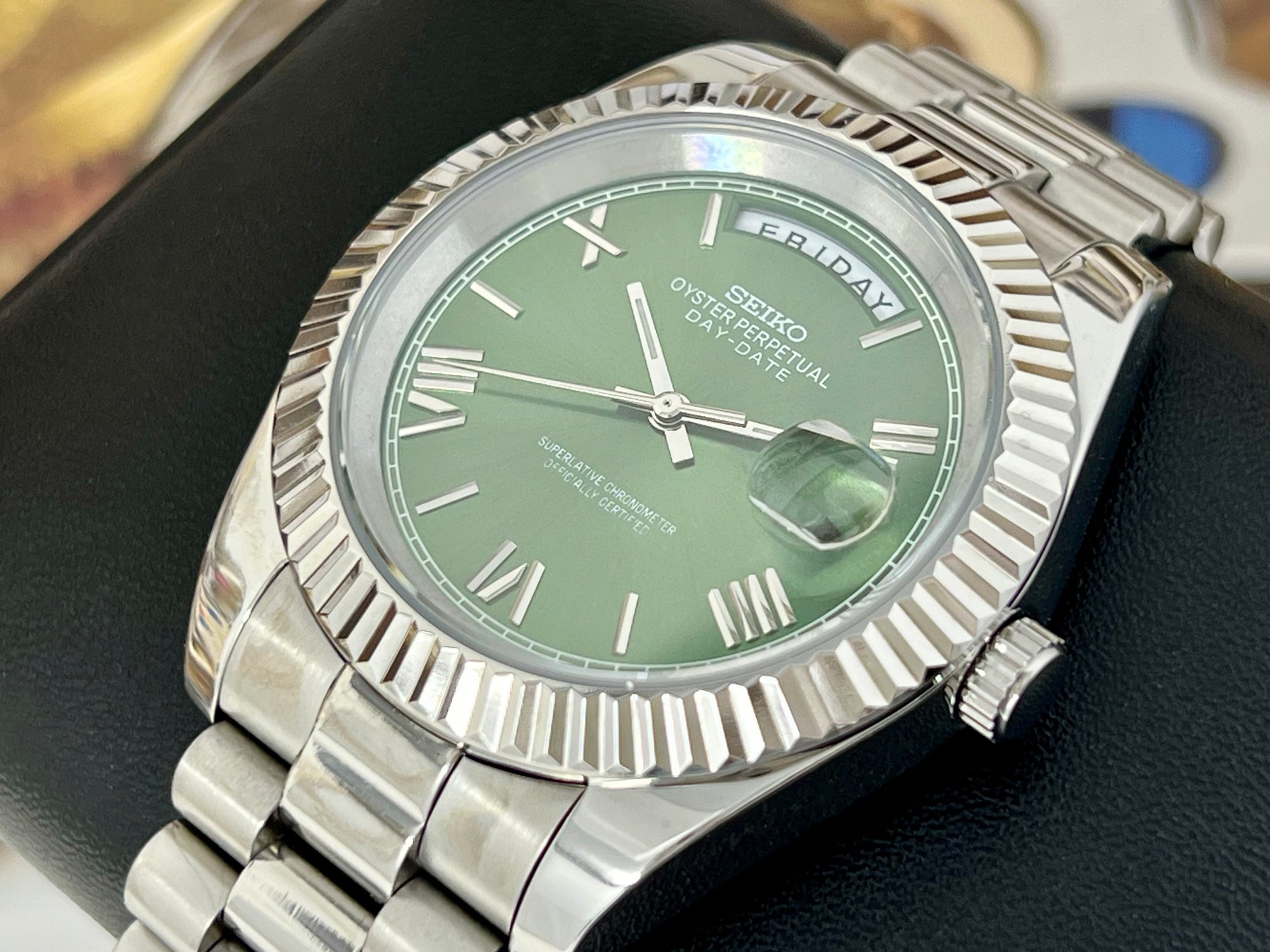 Custom Miyota Day Date Mod | Fluted Bezel | Green Dial | Pres Bracelet | Date | Miyota 8285 | Mod