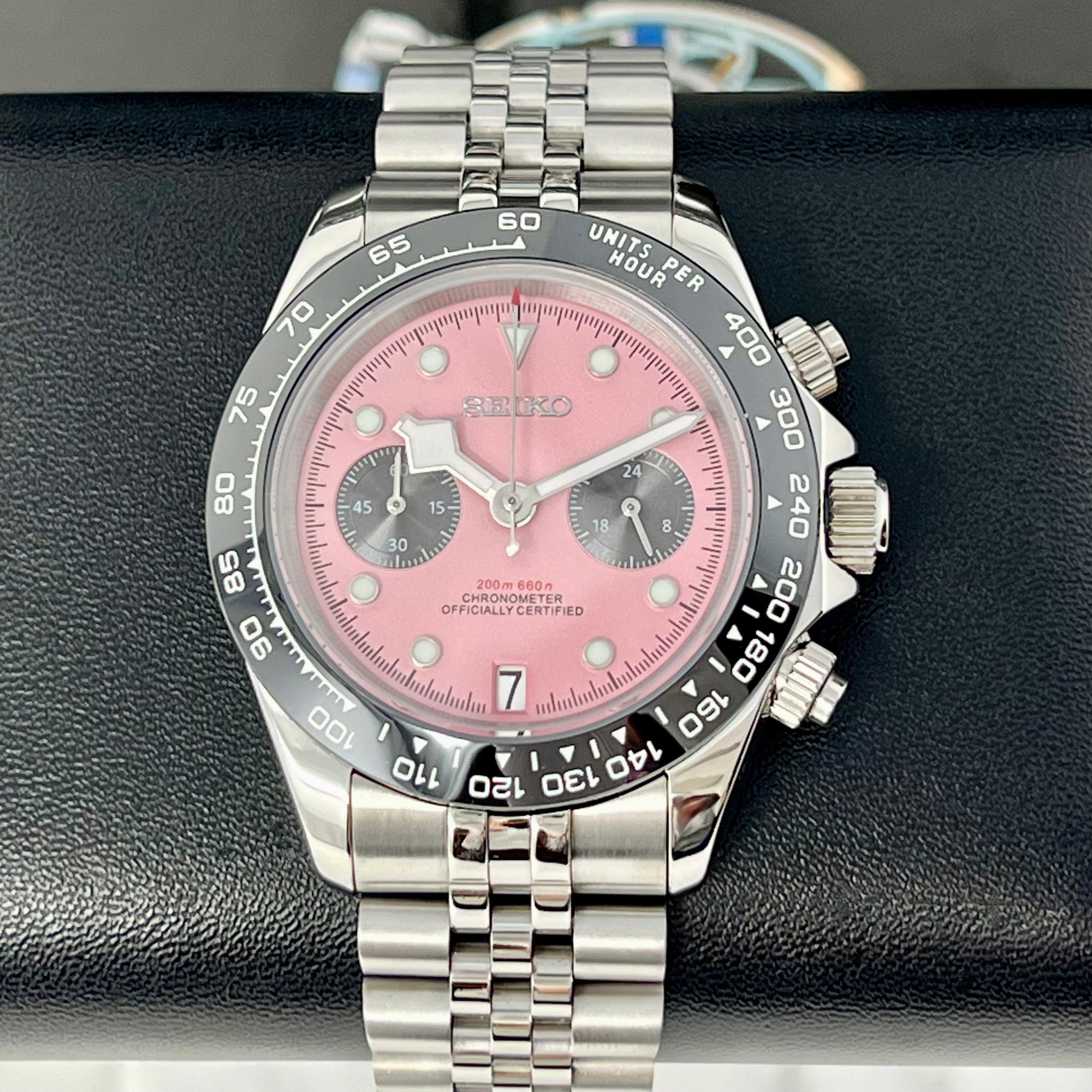 Chrono Black Bay Pink Watch on Jub Bracelet | Luxury Chronograph | Mecaquartz Movement | VK63