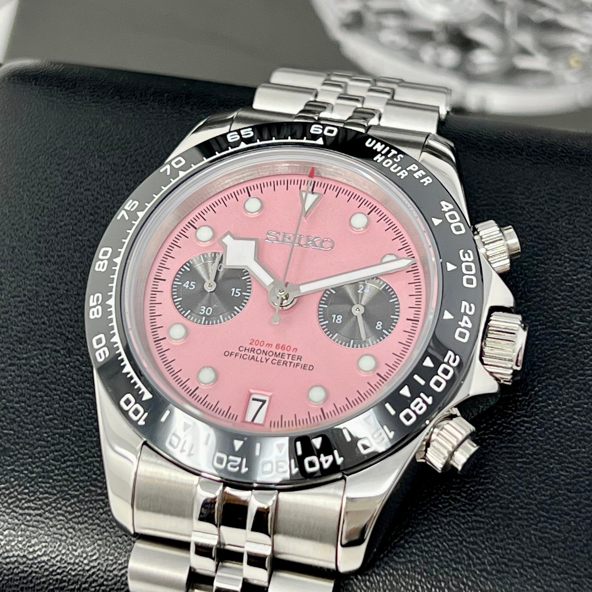 Chrono Black Bay Pink Watch on Jub Bracelet | Luxury Chronograph | Mecaquartz Movement | VK63