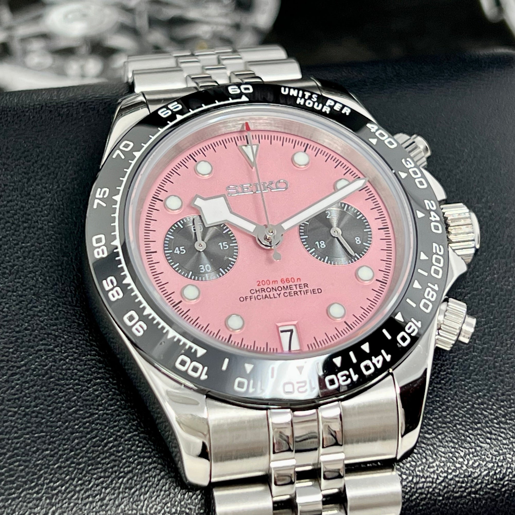 Chrono Black Bay Pink Watch on Jub Bracelet | Luxury Chronograph | Mecaquartz Movement | VK63