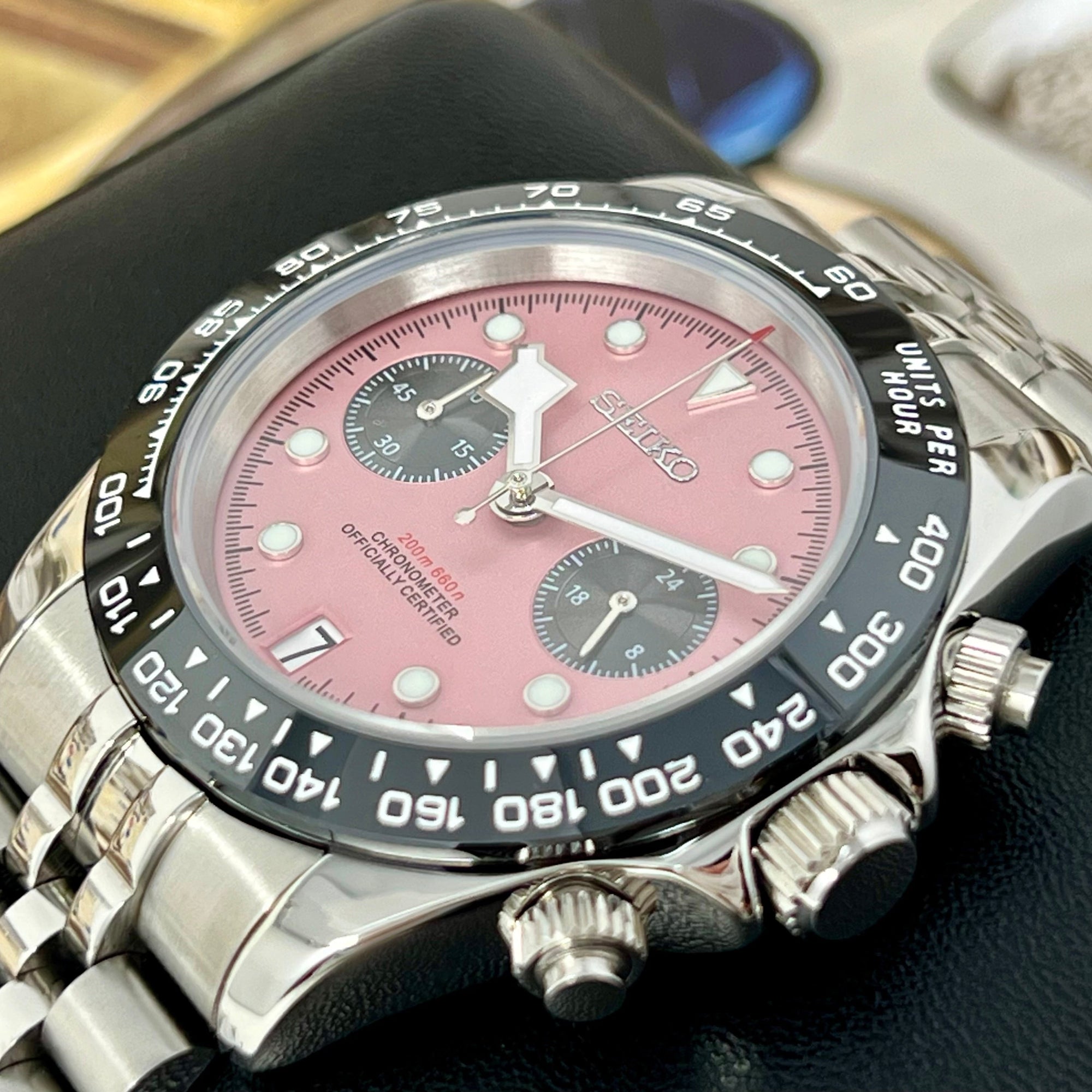 Chrono Black Bay Pink Watch on Jub Bracelet | Luxury Chronograph | Mecaquartz Movement | VK63