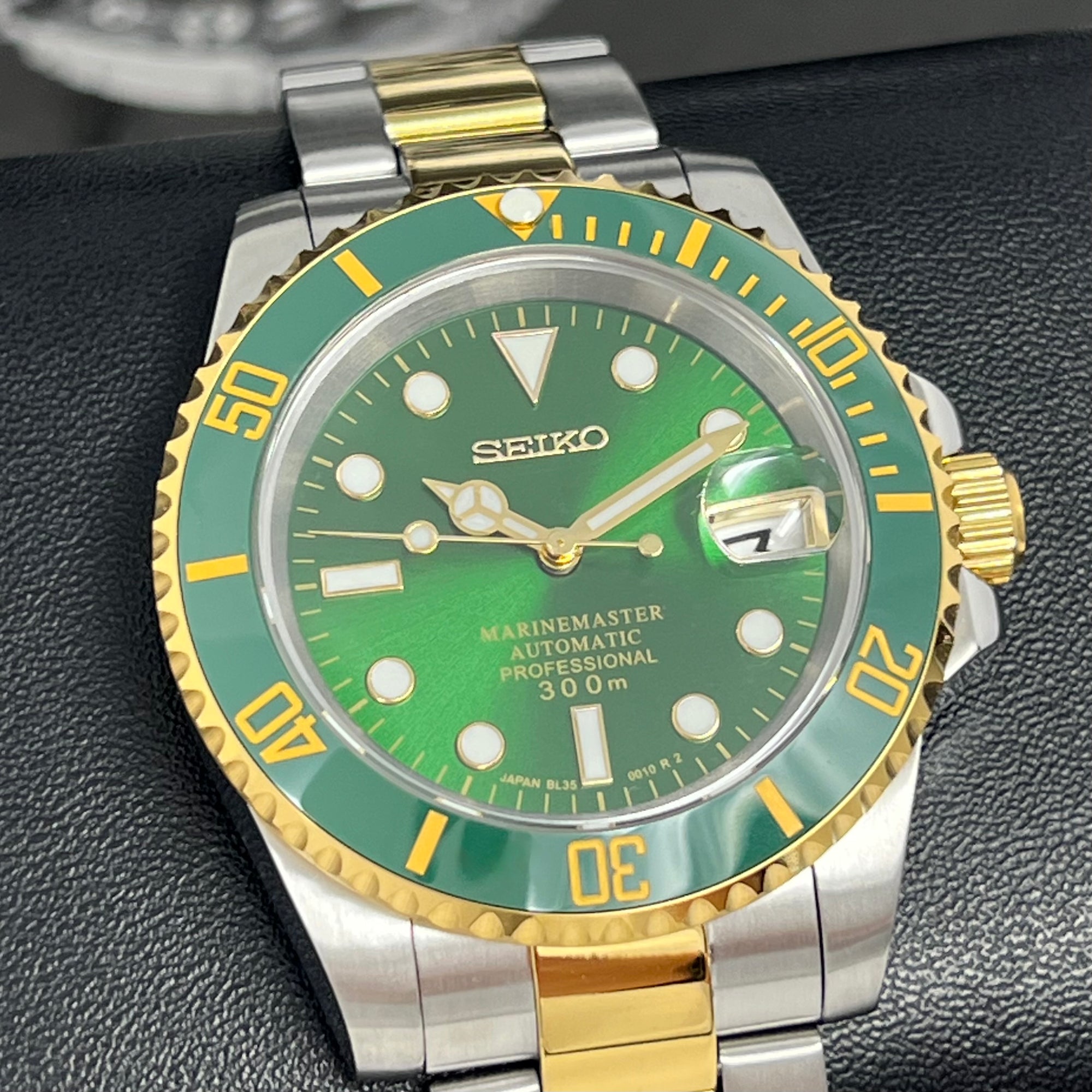 Custom Two Tone Hulk Sub Watch - Green Sunburst Green Bezel | Gold and Stainless Steel Sport | Sapphire Crystal | NH35 Movement | Watch Mod