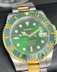 Custom Two Tone Hulk Sub Watch - Green Sunburst Green Bezel | Gold and Stainless Steel Sport | Sapphire Crystal | NH35 Movement | Watch Mod