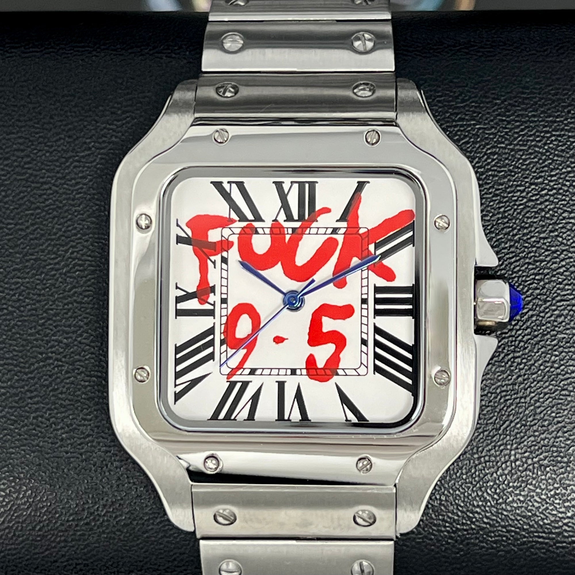 Custom Santos Mod | Fuck 9 to 5 Watch | Stainless Steel Watch | 38mm | Silver Automatic Watch | NH35 Movement | White Dial | Red