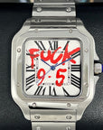 Custom Santos Mod | Fuck 9 to 5 Watch | Stainless Steel Watch | 38mm | Silver Automatic Watch | NH35 Movement | White Dial | Red