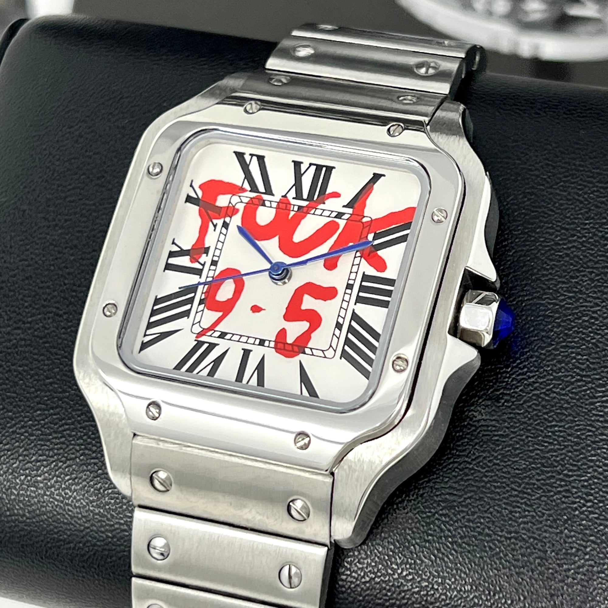 Custom Santos Mod | Fuck 9 to 5 Watch | Stainless Steel Watch | 38mm | Silver Automatic Watch | NH35 Movement | White Dial | Red