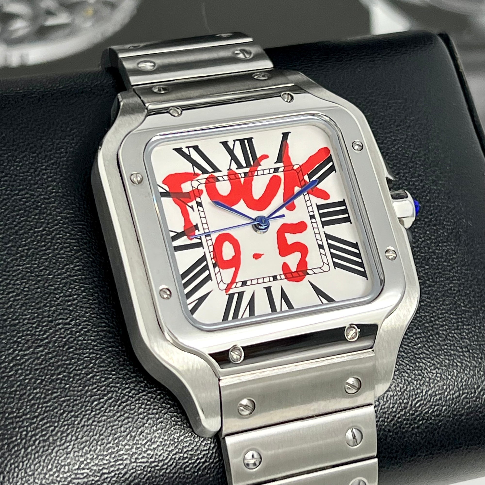 Custom Santos Mod | Fuck 9 to 5 Watch | Stainless Steel Watch | 38mm | Silver Automatic Watch | NH35 Movement | White Dial | Red