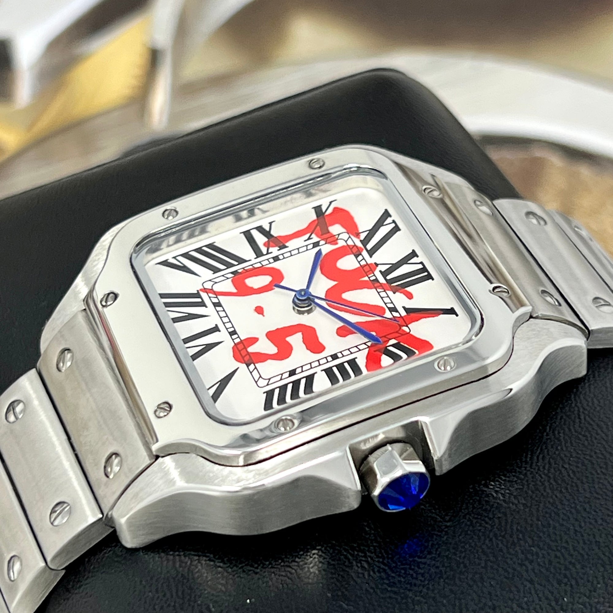 Custom Santos Mod | Fuck 9 to 5 Watch | Stainless Steel Watch | 38mm | Silver Automatic Watch | NH35 Movement | White Dial | Red