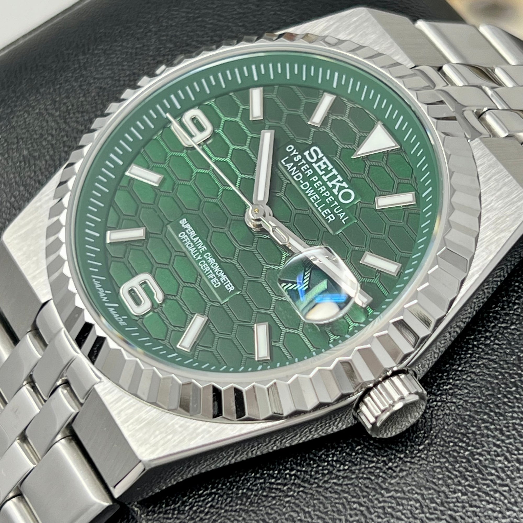 Custom Land Mod | Emerald Green Dial | 40mm Stainless Steel | Jub Bracelet | Automatic Custom Watch | The 69 | The PRX | The Oak | The Fondue