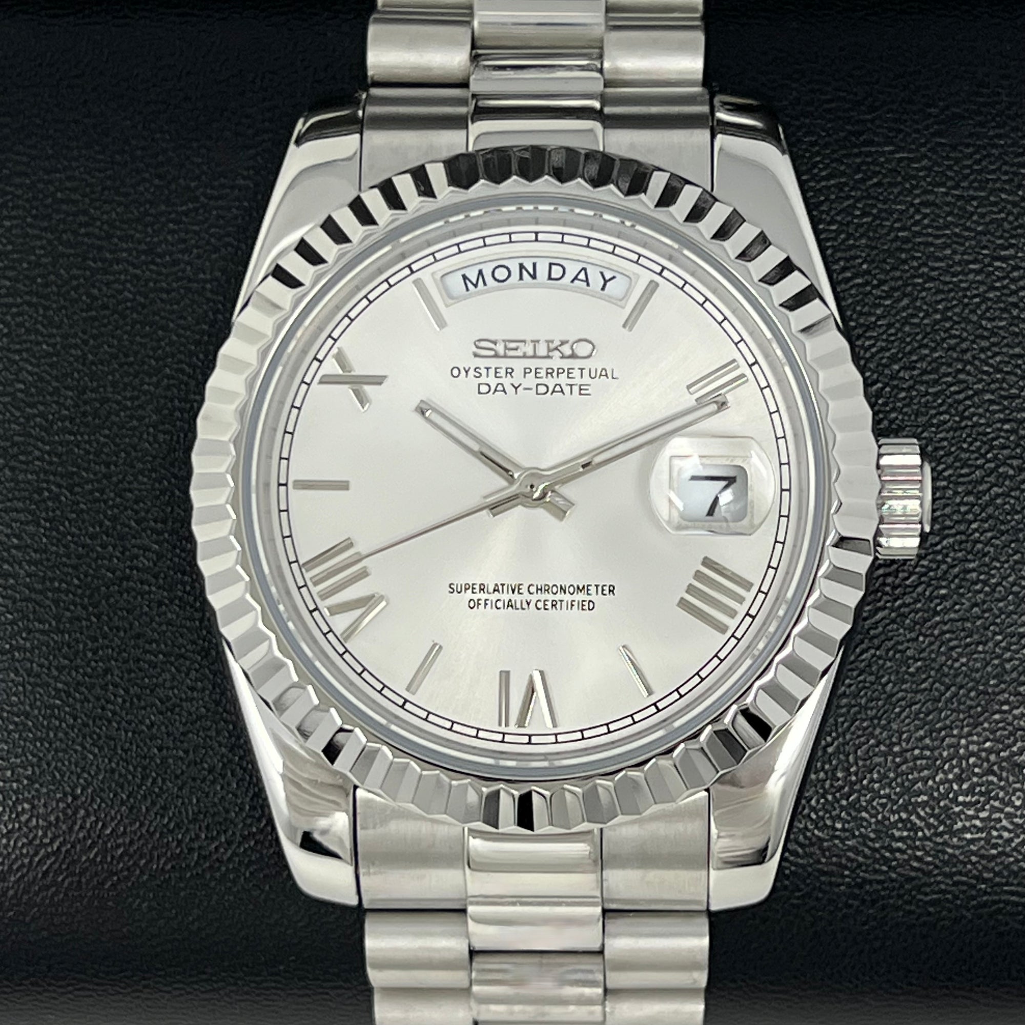 Custom Miyota Day Date Mod | Fluted Bezel | Silver White Dial | Pres Bracelet | Date | Miyota 8285 | Mod
