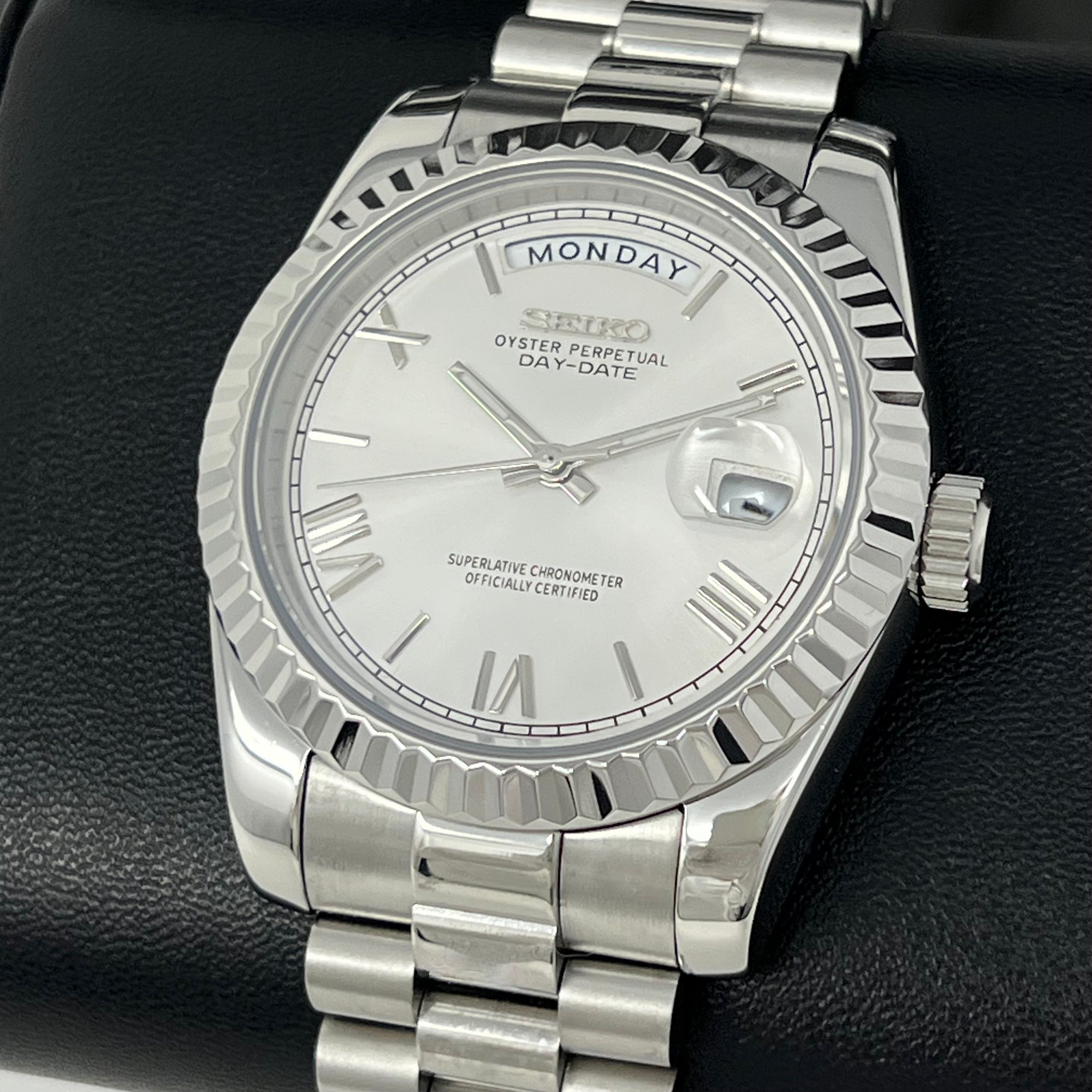 Custom Miyota Day Date Mod | Fluted Bezel | Silver White Dial | Pres Bracelet | Date | Miyota 8285 | Mod