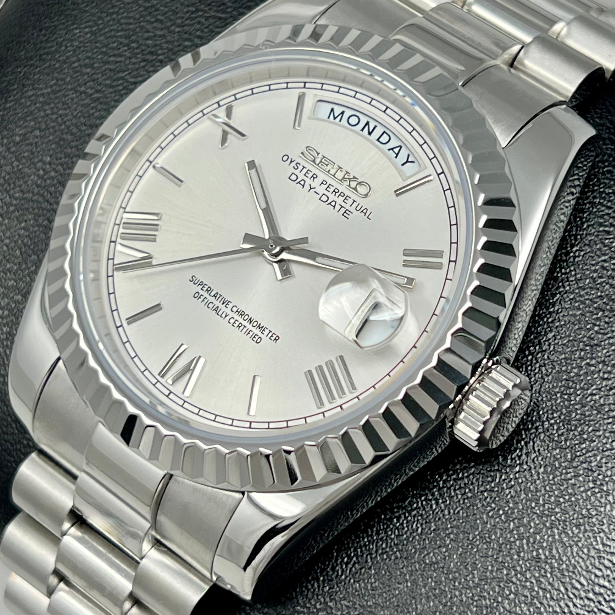 Custom Miyota Day Date Mod | Fluted Bezel | Silver White Dial | Pres Bracelet | Date | Miyota 8285 | Mod