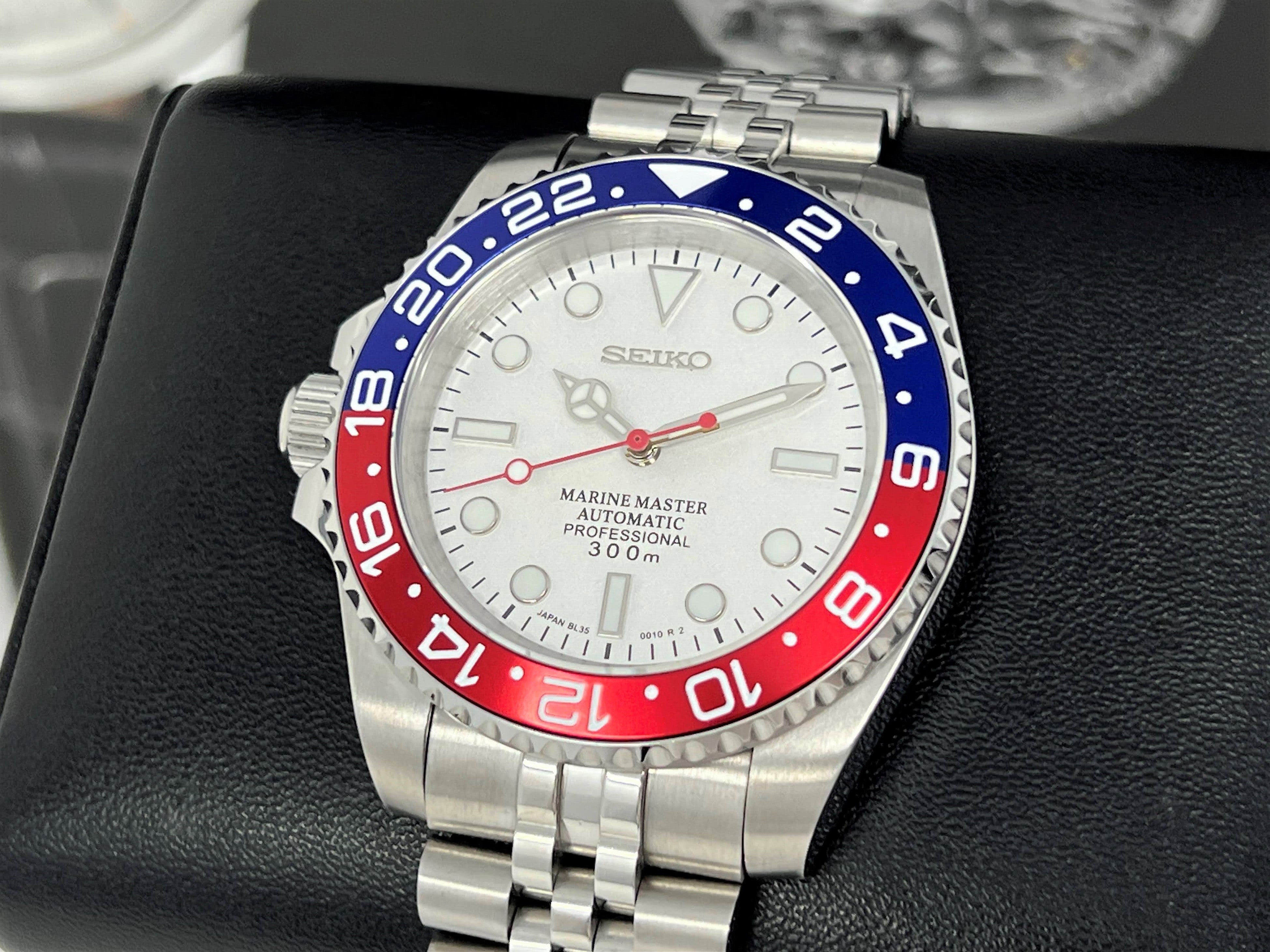 Custom White Pepsi GMT Watch Mod Seiko Mod Stainless Steel Sport