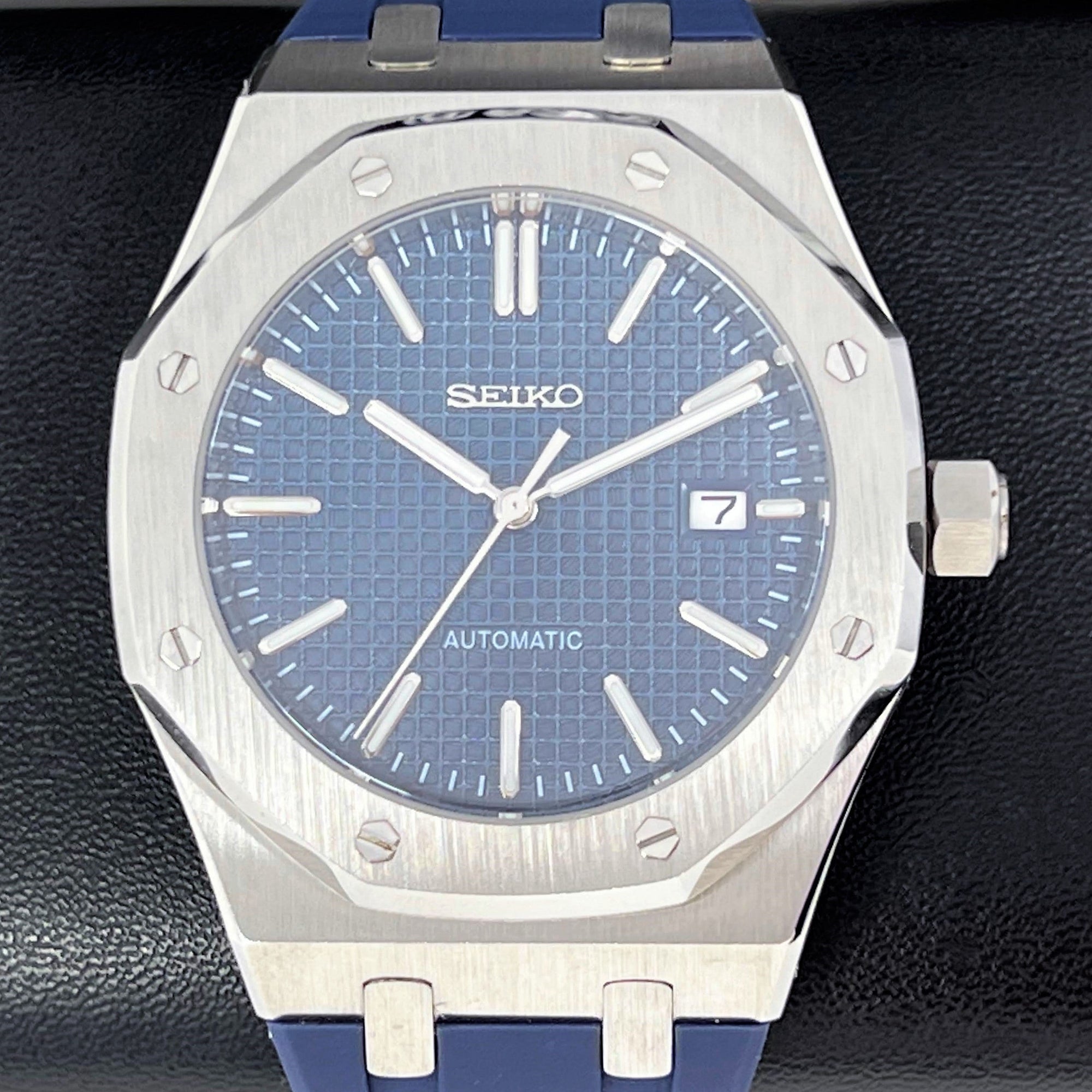 Custom Blue Seikoak - Modern Stainless Steel with Rugged Rubber Strap - Luxury Dress and Sport Watch | Blue Waffle Dial | Mod | Custom