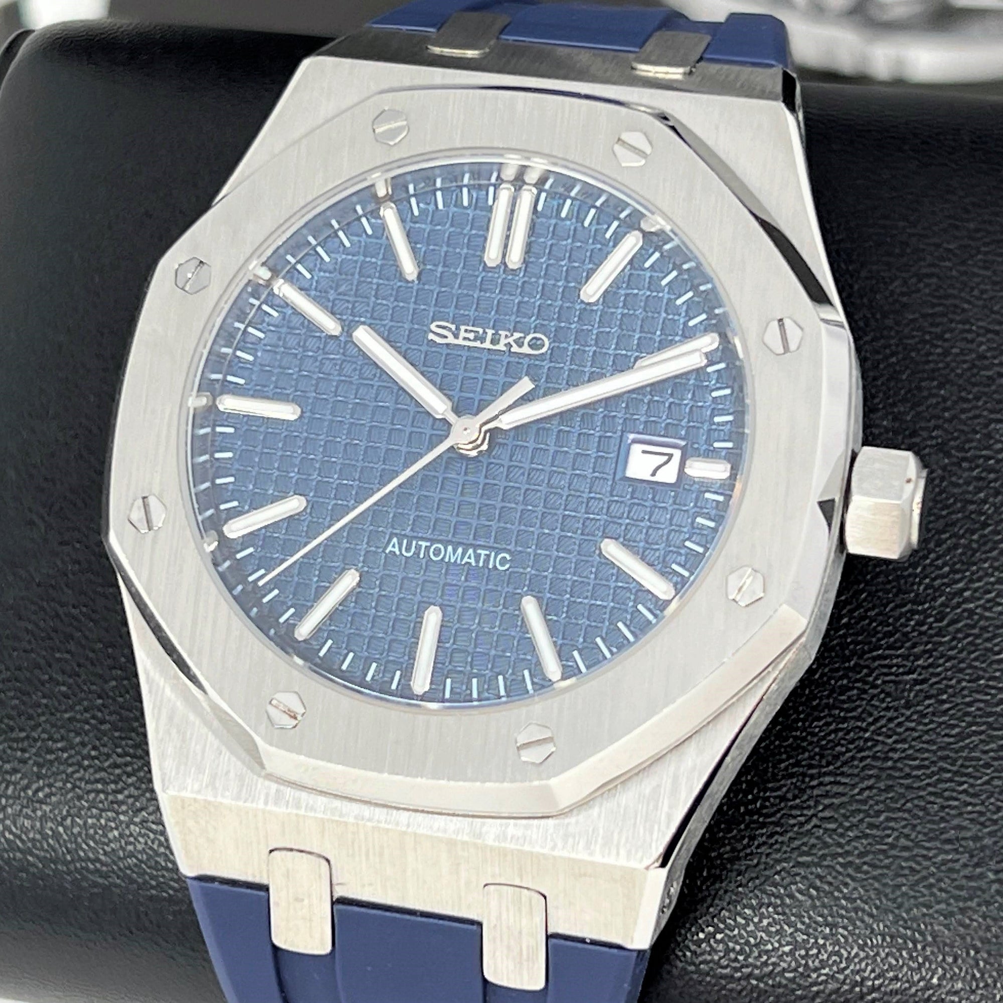 Custom Blue Seikoak - Modern Stainless Steel with Rugged Rubber Strap - Luxury Dress and Sport Watch | Blue Waffle Dial | Mod | Custom