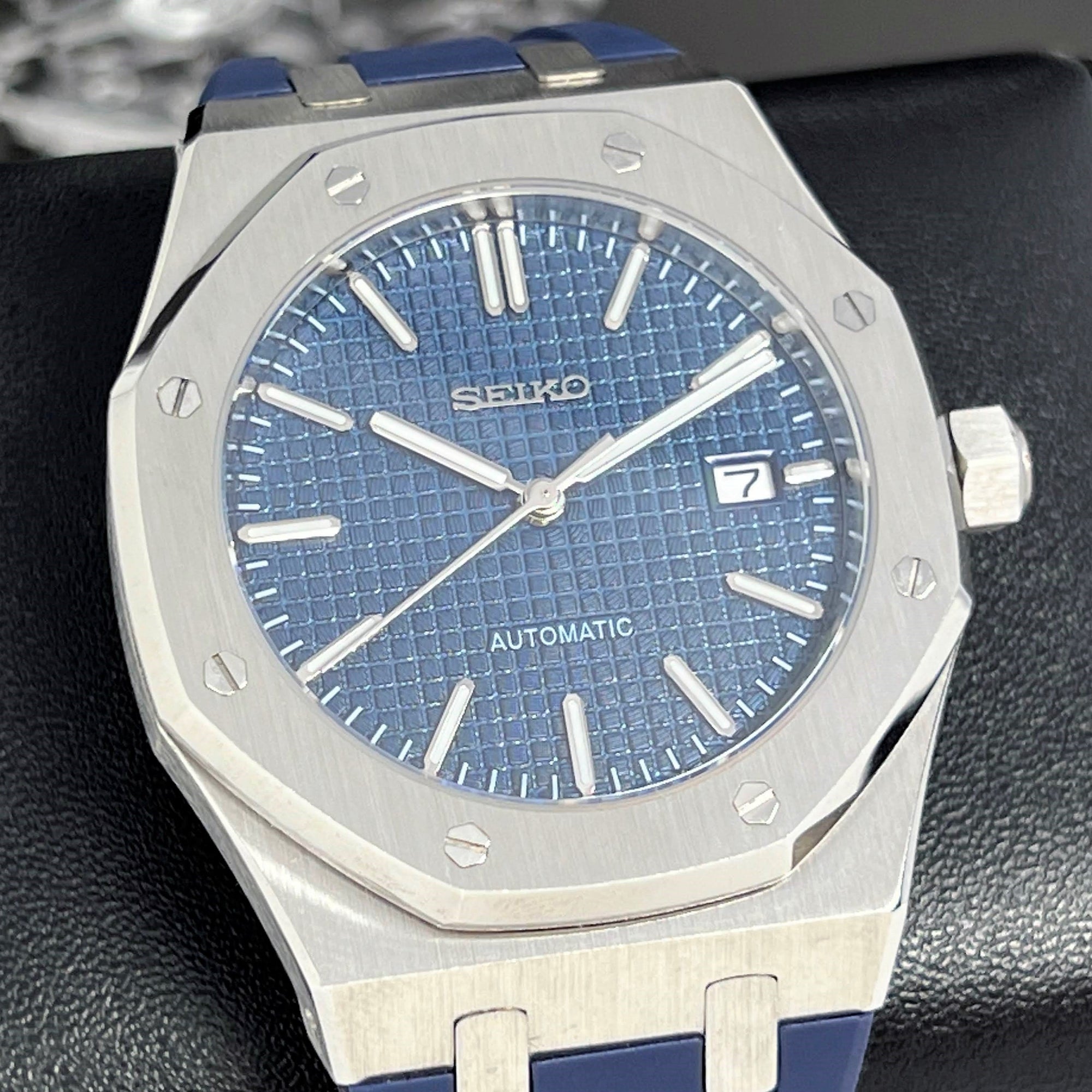 Custom Blue Seikoak - Modern Stainless Steel with Rugged Rubber Strap - Luxury Dress and Sport Watch | Blue Waffle Dial | Mod | Custom