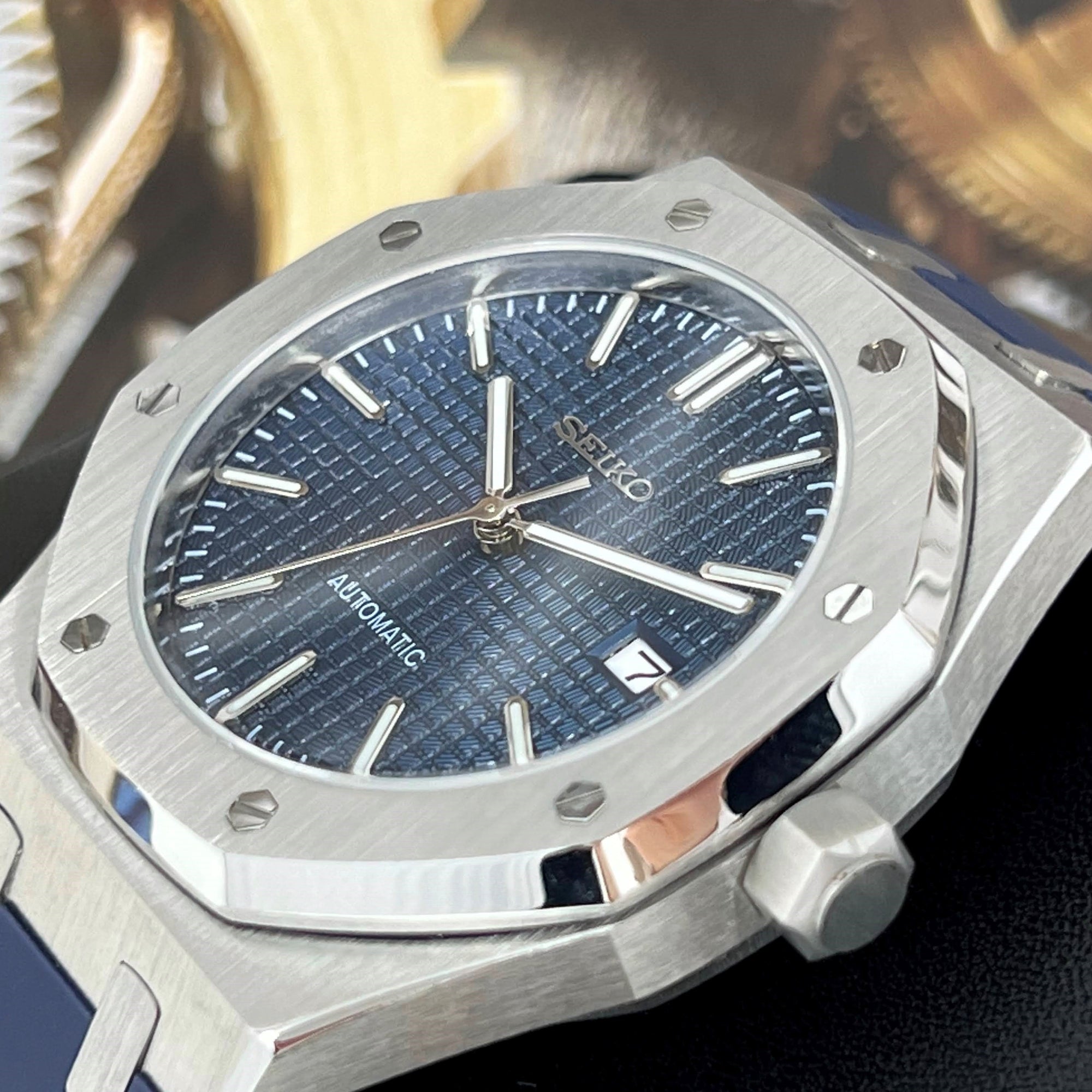 Custom Blue Seikoak - Modern Stainless Steel with Rugged Rubber Strap - Luxury Dress and Sport Watch | Blue Waffle Dial | Mod | Custom