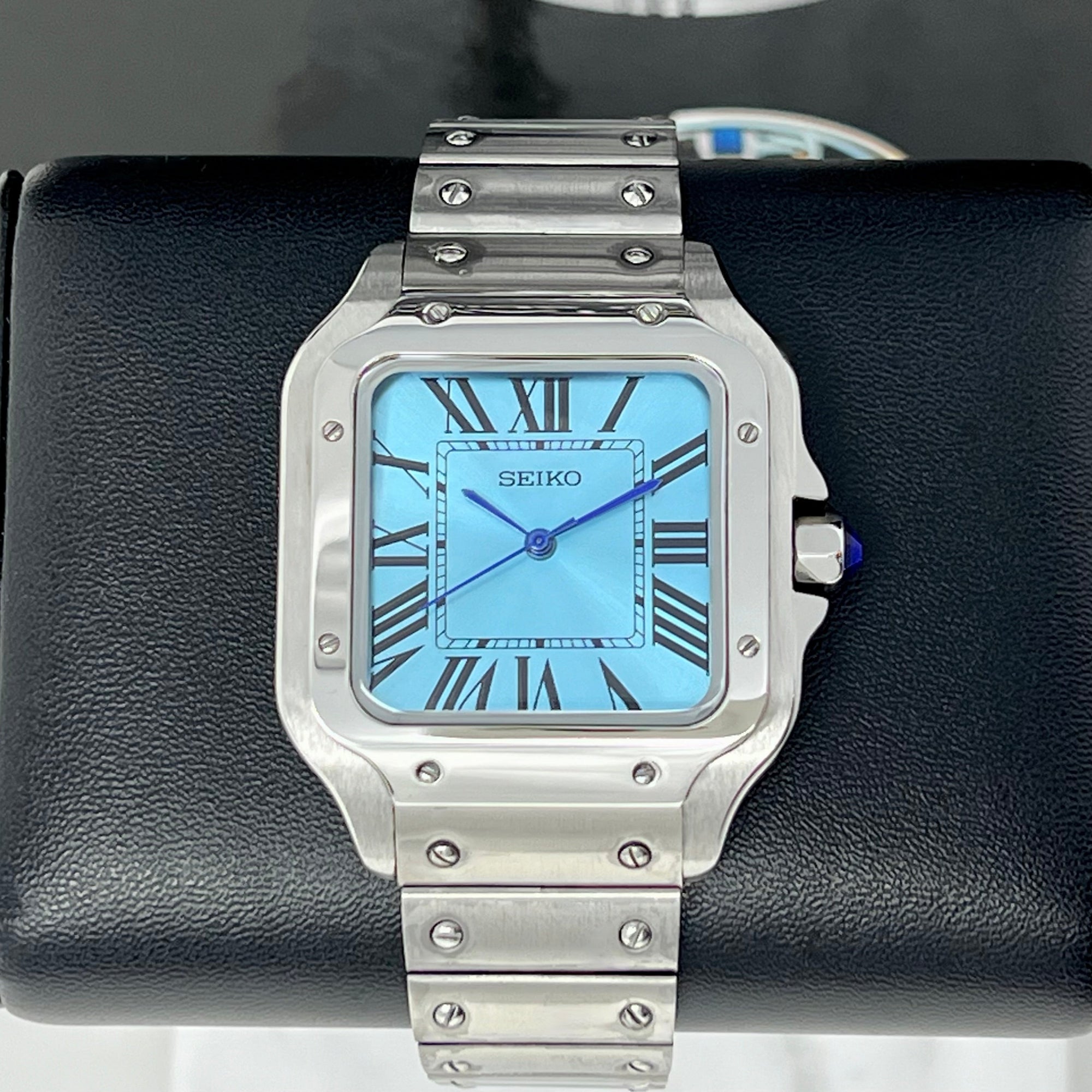 Custom Santos Mod | Stainless Steel Watch | 38mm | Sky Blue Dial | Automatic Watch | NH35 Movement