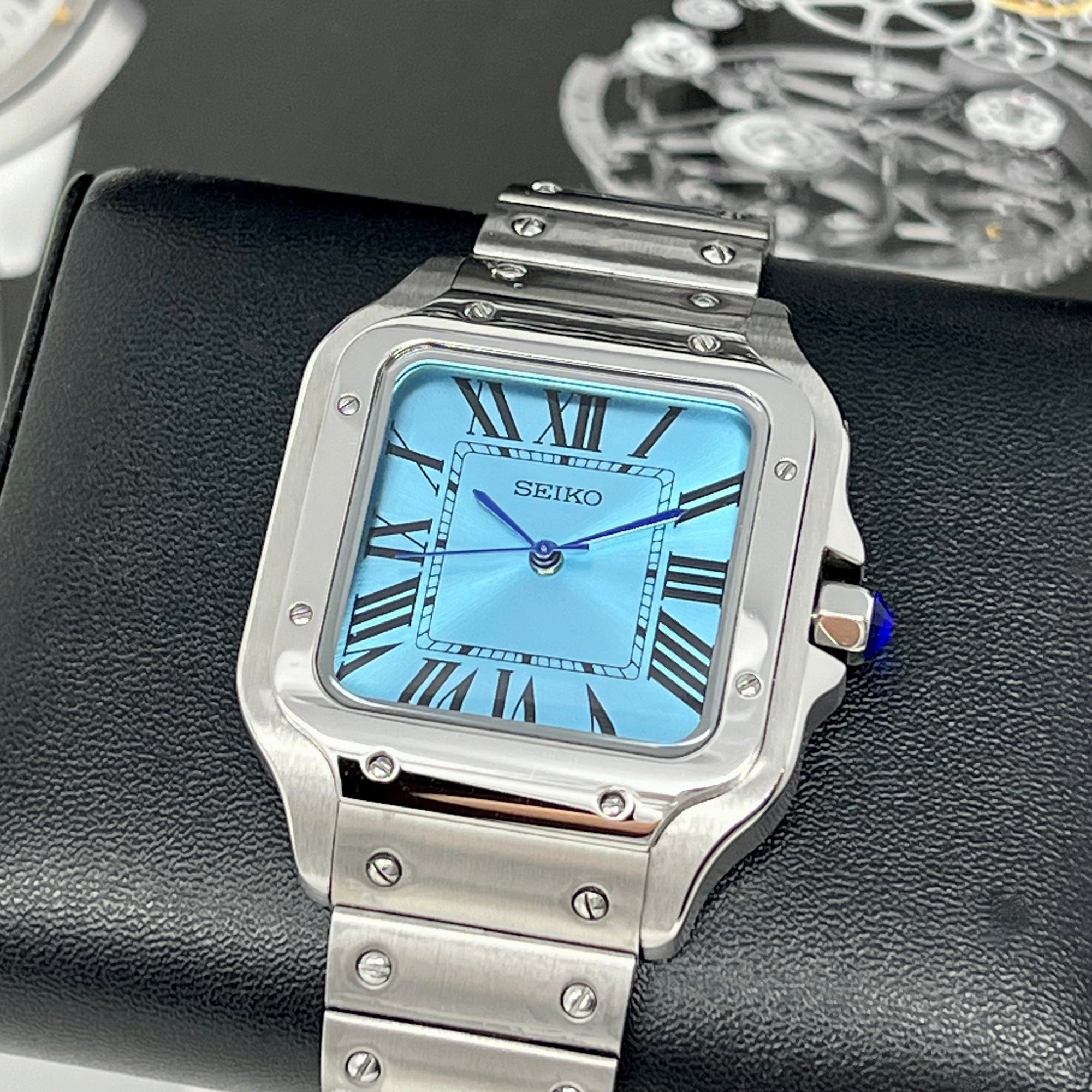 Custom Santos Mod | Stainless Steel Watch | 38mm | Sky Blue Dial | Automatic Watch | NH35 Movement
