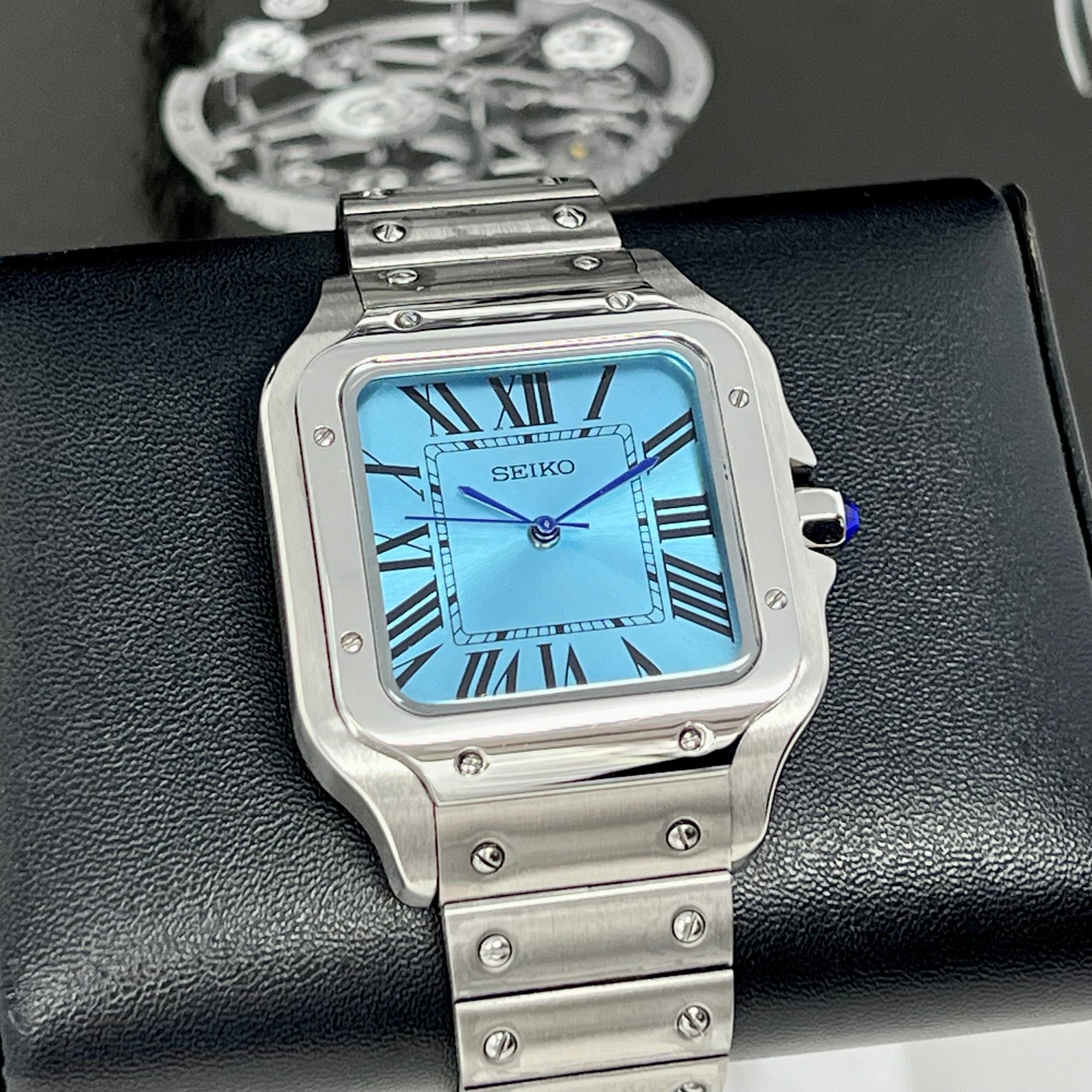 Custom Santos Mod | Stainless Steel Watch | 38mm | Sky Blue Dial | Automatic Watch | NH35 Movement