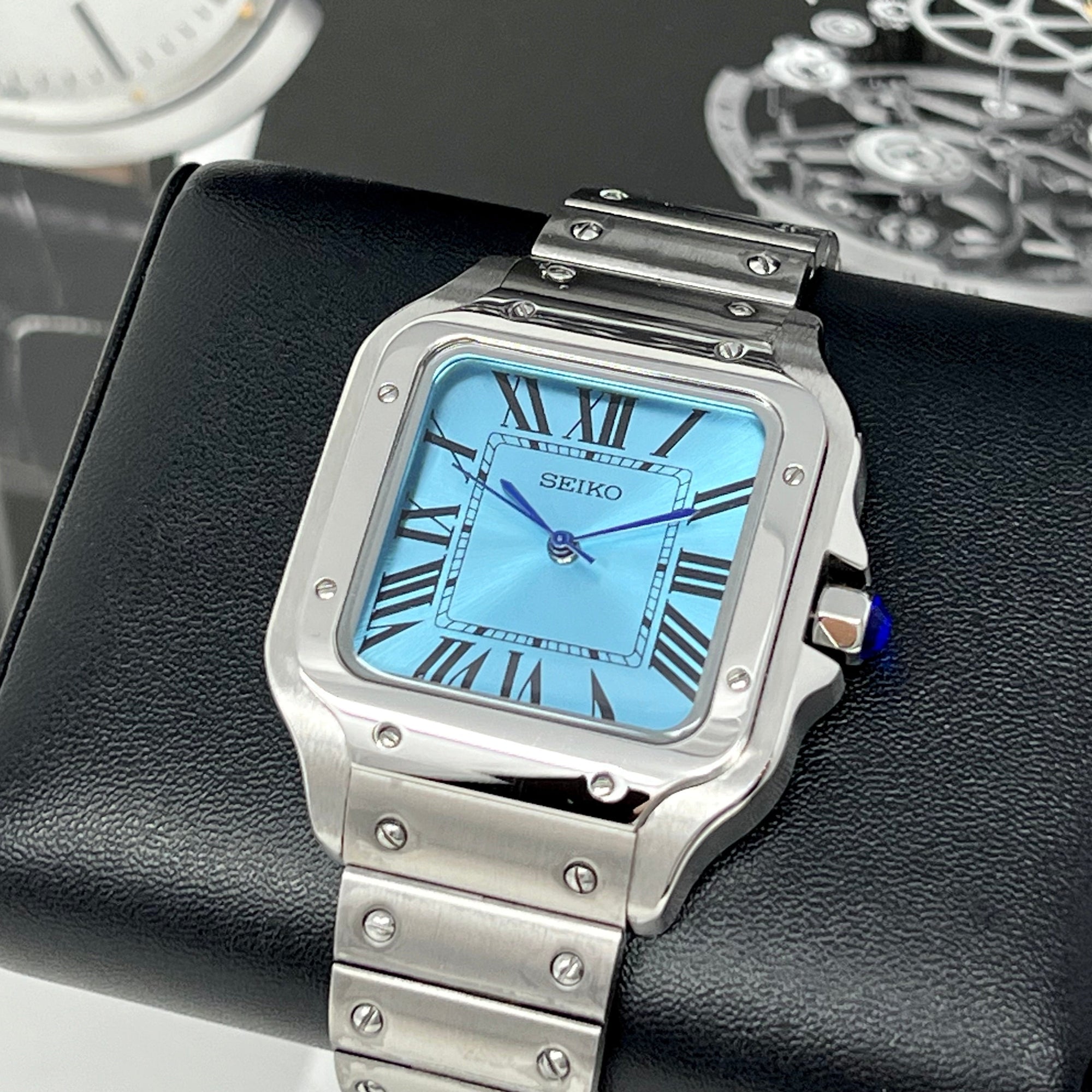 Custom Santos Mod | Stainless Steel Watch | 38mm | Sky Blue Dial | Automatic Watch | NH35 Movement