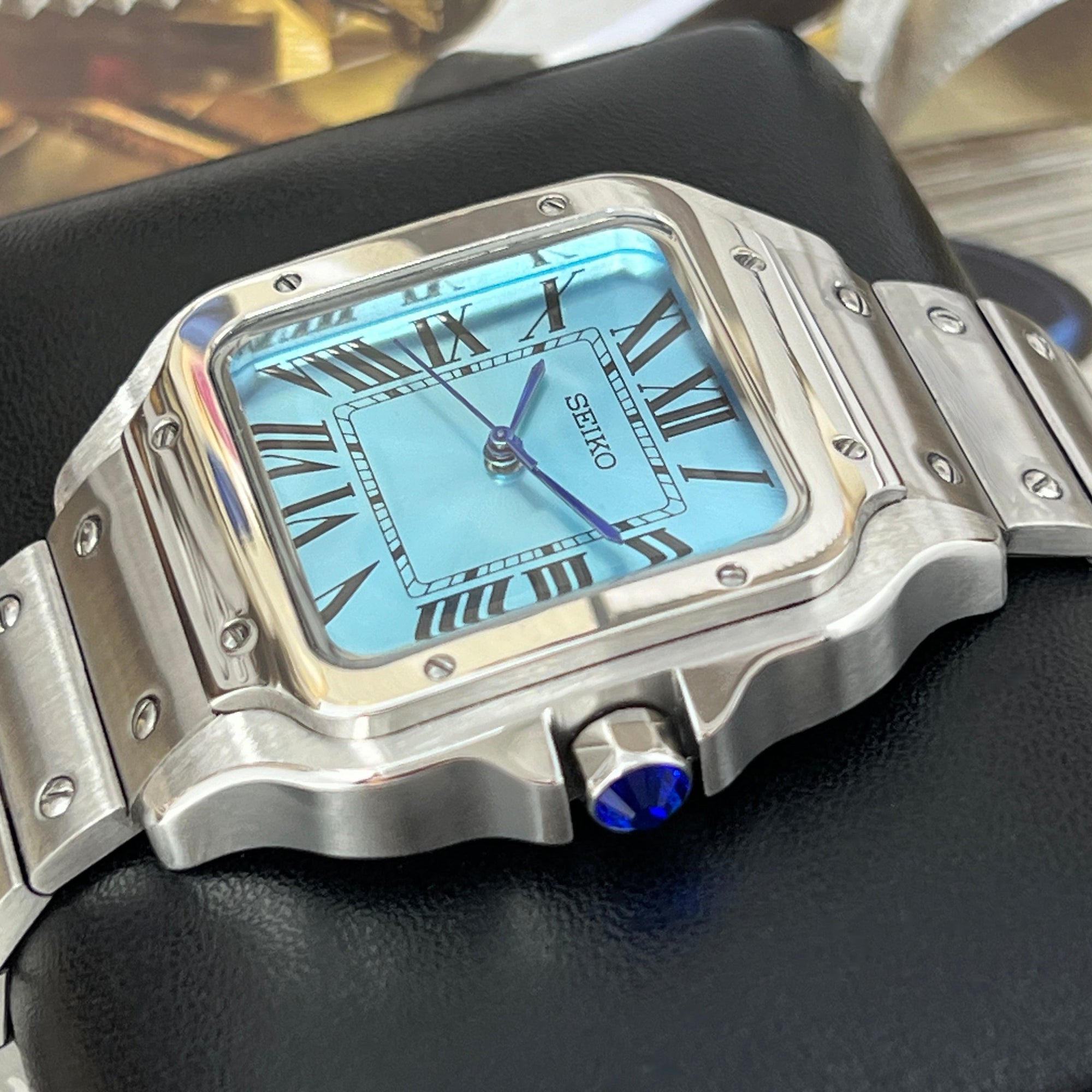 Custom Santos Mod | Stainless Steel Watch | 38mm | Sky Blue Dial | Automatic Watch | NH35 Movement