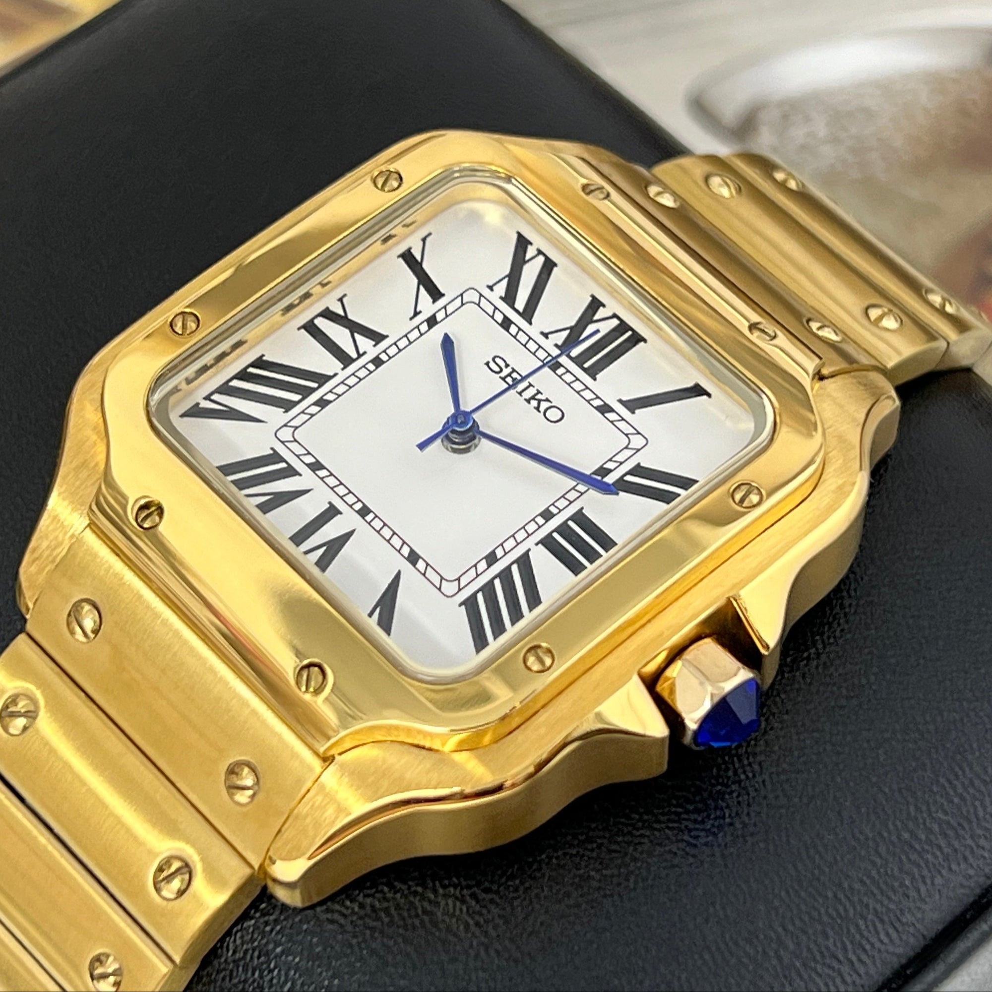 Custom Gold Santos Mod | Stainless Steel Watch | 38mm | Classic White Dial | Automatic Watch | NH35 Movement