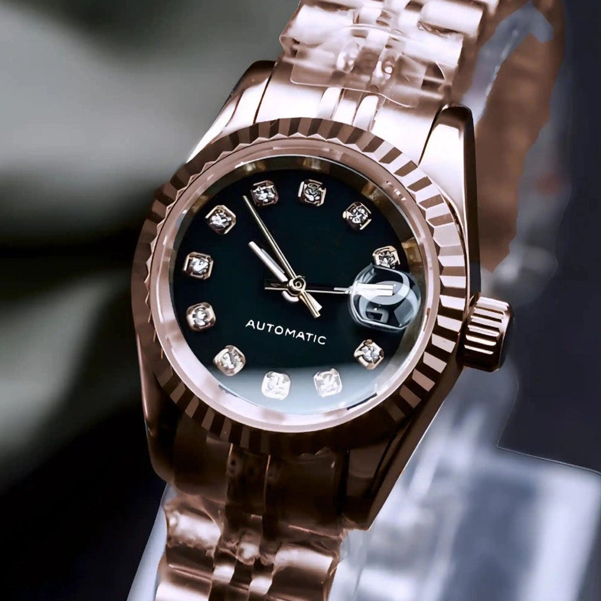 Custom Ladies Rose Gold & Black Automatic Watch | 26mm | NH05