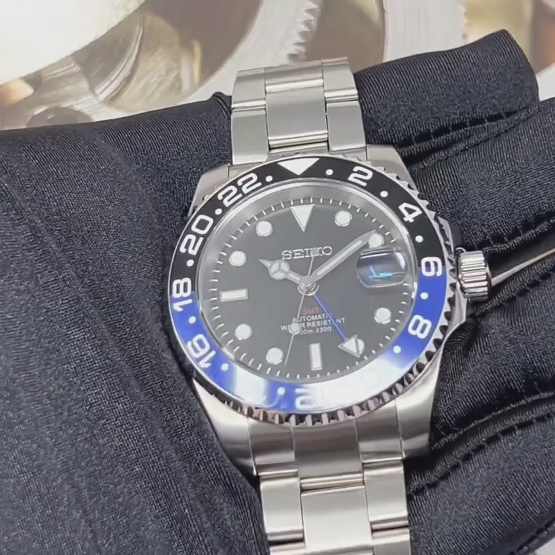 Custom Batman GMT Luxury Watch | NH34 4-Hand Automatic | Seiko Mod