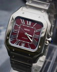 Santos mod watch with burgundy dial and stainless steel case