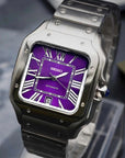 Santos mod watch with purple dial and stainless steel case