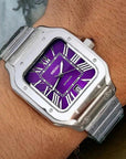 Santos mod watch with purple dial and stainless steel case