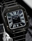 Santos mod watch with triple black dial and stainless steel case