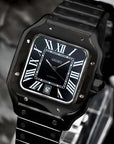 Santos mod watch with triple black dial and stainless steel case