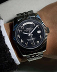 Black Arabic Seiko day-date mod with fluted bezel and jubilee bracelet