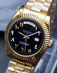 Day date automatic Black Arabic dial Watch with Gold Band