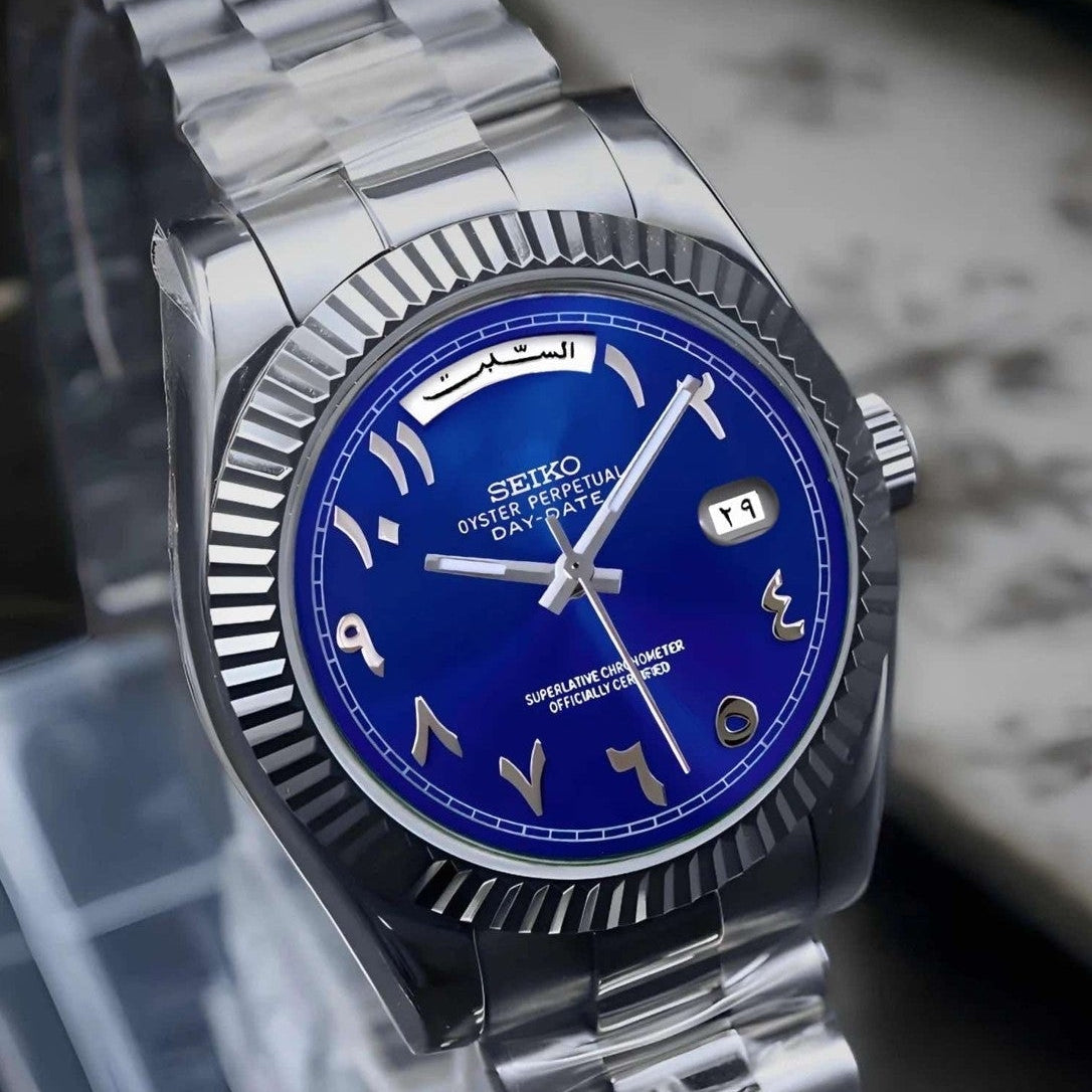 Custom Miyota Day Date Watch | Blue Arabic Dial | 40mm | Seiko Mod