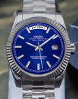 day date blue dial with silver band