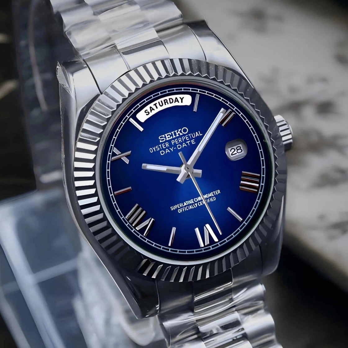 Custom Miyota Day Date Watch | Dark Blue Roman Dial | Seiko Mod