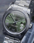 Day date Olive Green Roman dial with Silver Band