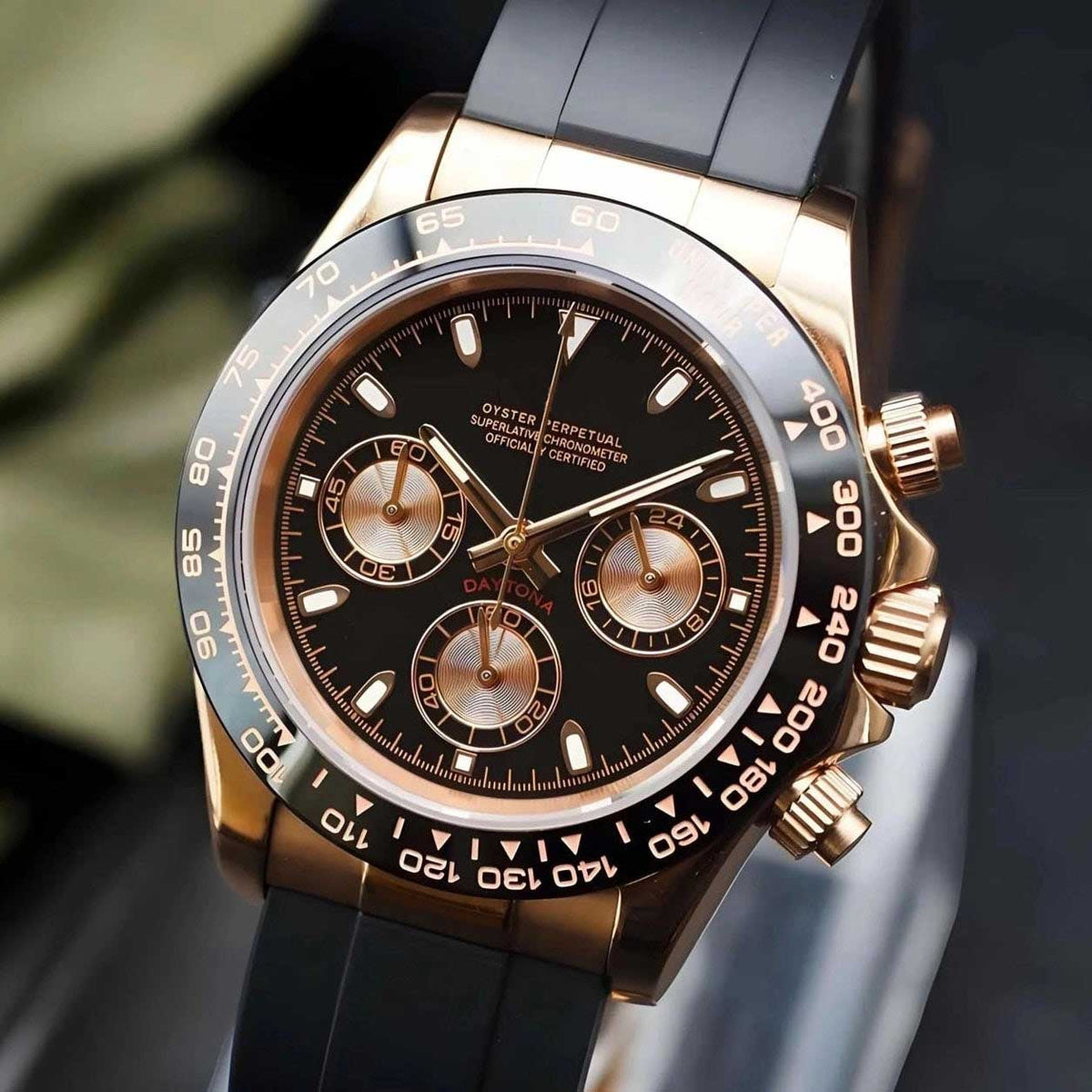 カスタムVK63 ローズゴルドデイトナCHRONOGRAPH QUARTZ seiktona-mod-black-rose-gold-