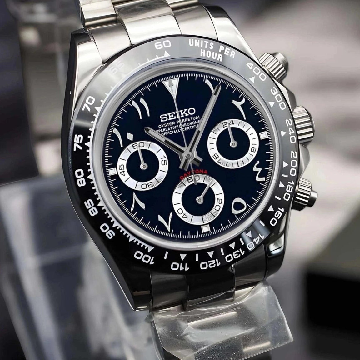 Silver Daytona Mod Chronograph | Black Arabic Dial Watch | VK63