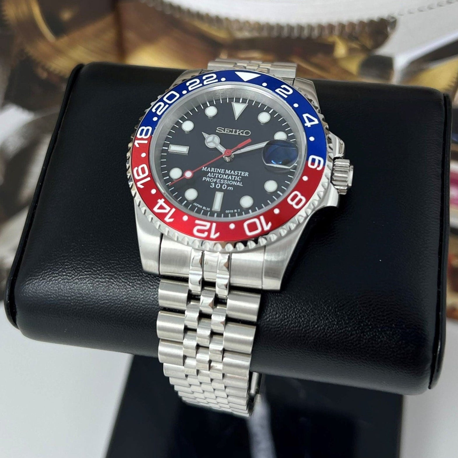 Pepsi GMT | Watch Mod | Mod | Stainless Steel Sport Watch | Custom Sapphire Crystal and NH35 Movement | Blue Red | Jub Strap
