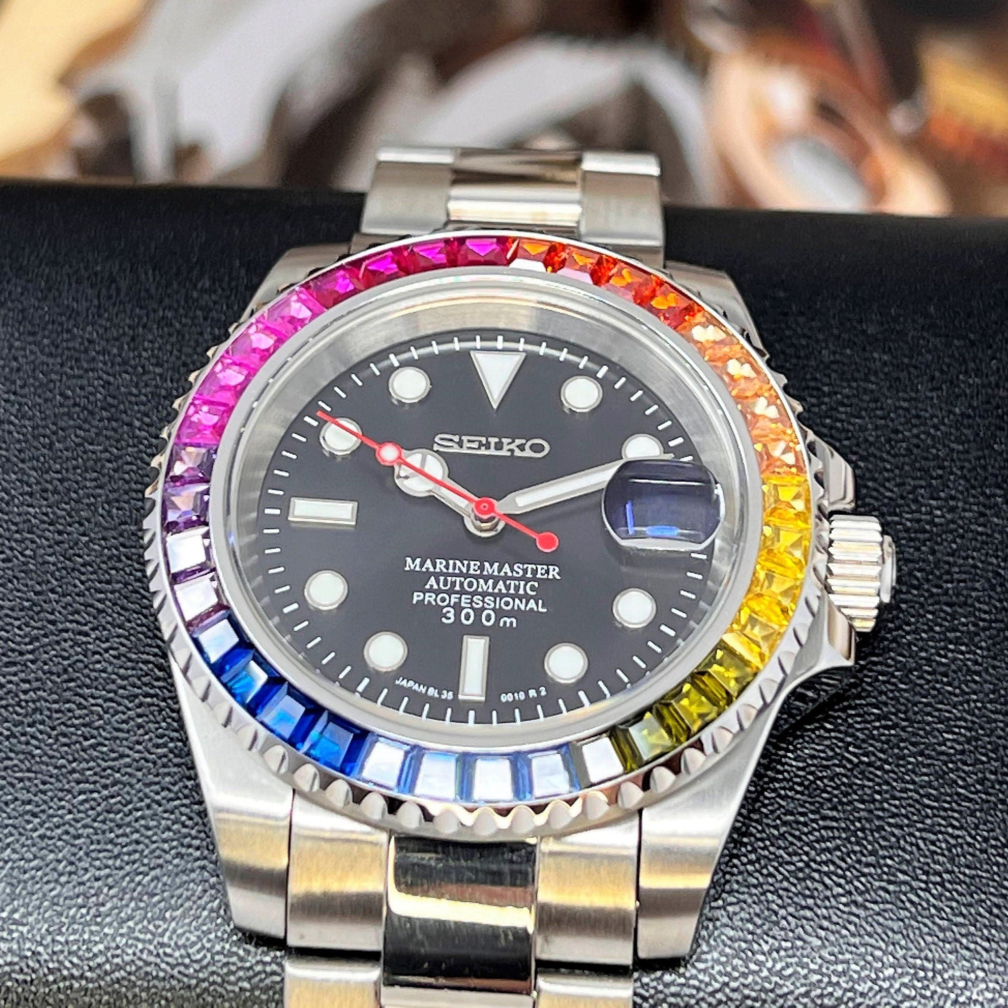 Rainbow | Stainless Steel with Sapphire Crystal | Oyst Steel Bracelet with Rainbow Jewel Bezel | Bust Down | Watch Mod | Bling