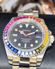 Rainbow | Stainless Steel with Sapphire Crystal | Oyst Steel Bracelet with Rainbow Jewel Bezel | Bust Down | Watch Mod | Bling
