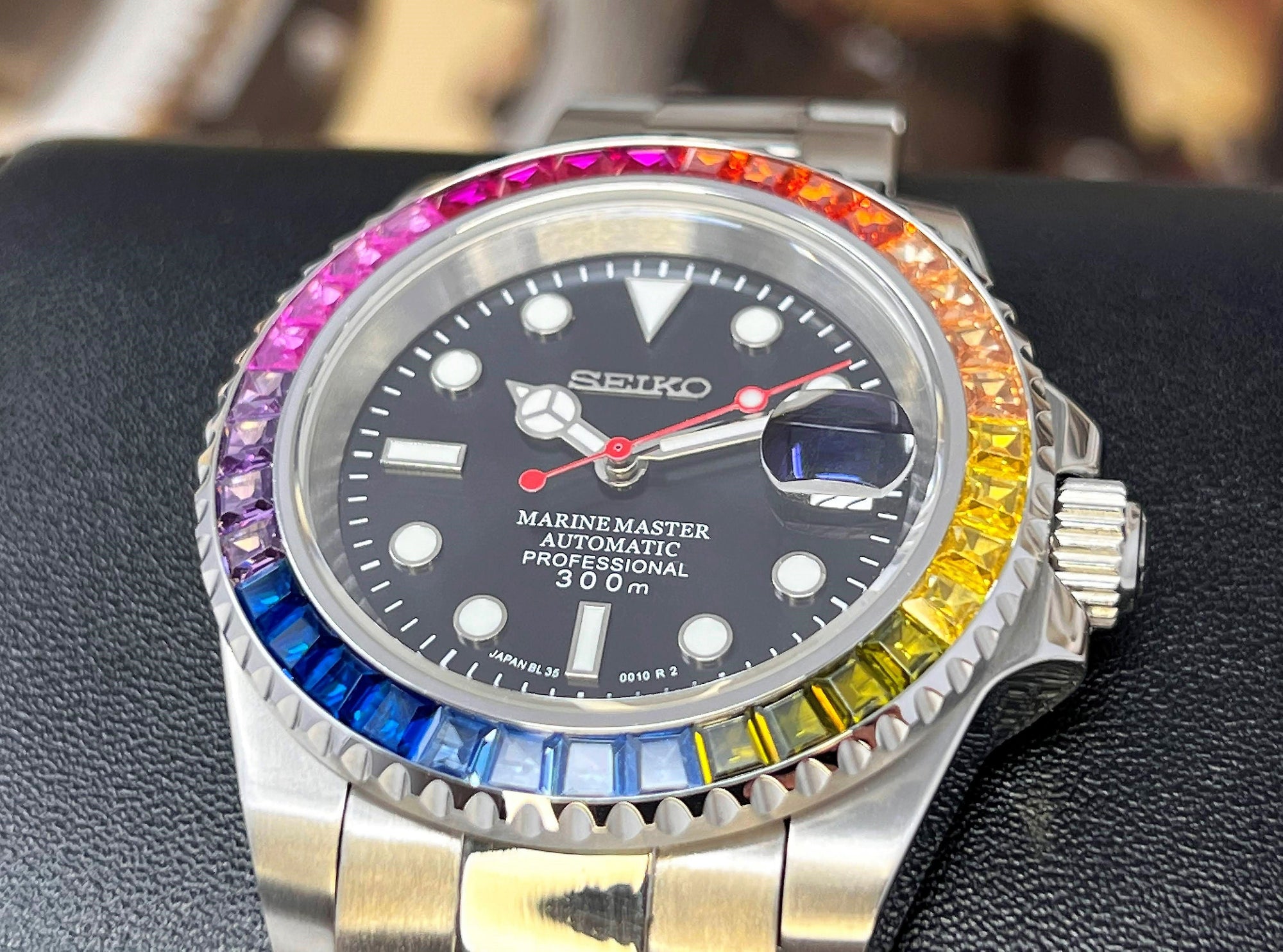Rainbow | Stainless Steel with Sapphire Crystal | Oyst Steel Bracelet with Rainbow Jewel Bezel | Bust Down | Watch Mod | Bling